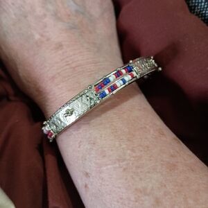 Silver-Tone Beaded Bracelet with Red, White & Blue Accents
